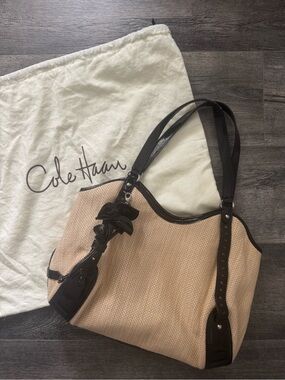 Cole Haan Coastal Chic Straw Raffia Shoulder Bag with Black Patent Leather Trim